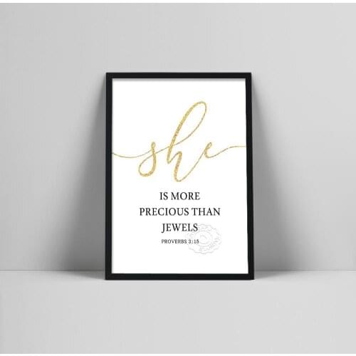 Proverbs 3 She is more than jewels, Christian Nursery Decor, Bible Verse Wall Art, Gold Glitter Font