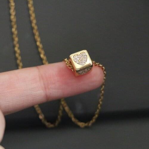 Simple Cute Square Bead Micro Pave CZ Heart Charm Necklace for Women Trendy Gold Color Zircon Steel Chain Clavicle Neck Jewelry