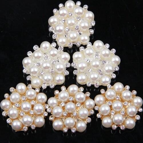 Nishine 5pcs/lot Metal Decorative Buttons Pearl Flower Alloy Rhinestone Buttons For Diy Headwear Craft Jewelry Supplies