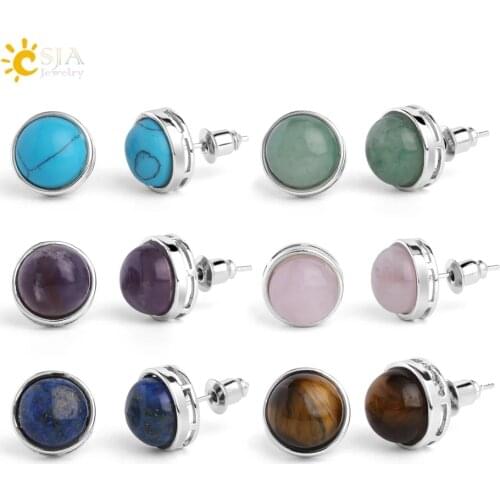 CSJA Natural Stone Round Stud Earrings Pink Quartz Tiger Eye Crystal Silver Color Simple Ear Jewelry for Women Earring Gift G063