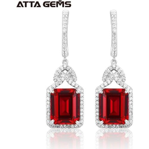 Red Ruby Real Sterling Silver Earring Women Charming Style Created Ruby 12 Carats Octagon Cut Wedding Jewelry Gifts