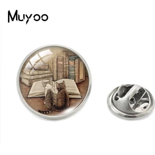 Antique Books Pattern Glass Cabochon Collar Pins Vintage Book and Cats Lapel Pin Clothing Badge Pin Accessories