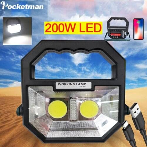 200W LED Portable COB Work Light USB Rechargeable Waterproof Flood Lamp with warn light for Camping Emergency Car Repairing