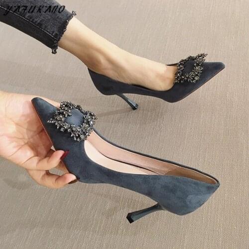 Elegant Solid Flock Women Pumps Fashion Metal Decoration Luxury Crystal Dress Shoes Sexy Pointed Party Wedding Thin High Heels