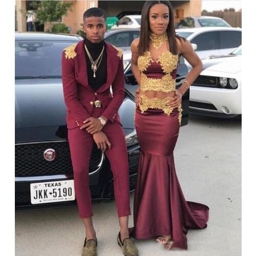2020 sexy cheap plus burgundy prom dresses gold lace appliques mermaid black girl two piece prom dress satin formal evening gown