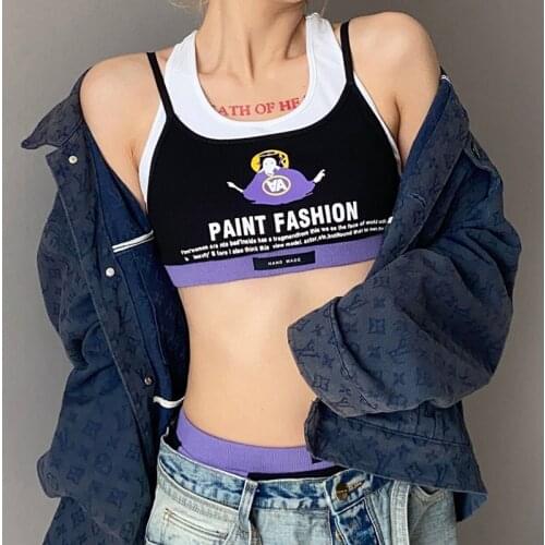 2021 ladies sports underwear set, contrast letter print bra and vest, black and purple contrast patchwork panties