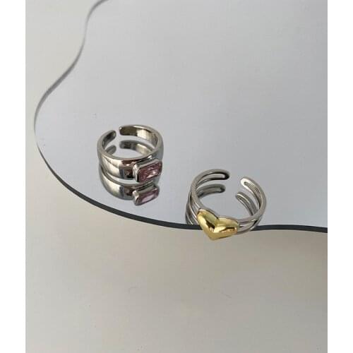 Origin Summer Statement Double-Layer Contrast Color Love Heart Ring for Women Girls Cubic Zircon Open Adjustable Ring Jewelry