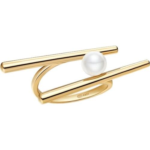 SLJELY Fashion Real 925 Sterling Silver Yellow Gold Color Mini Chopsticks Finger Ring with Pearl Women Fine Party Jewelry Gift