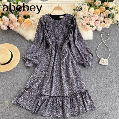 Women Chiffon Print Dress Women French Puff Sleeve O Neck A-line Dresses Spring Boho Casual Vacation Midi Long Dress