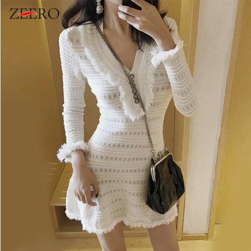 2019 Autumn White Knitted Dress Elegant Women Long Sleeve V-neck Sexy Party Dress Striped Tassel Black Winter Sweater Dresses