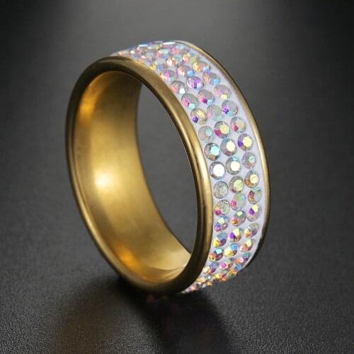 Gold Color Rhinestone Crystal Eternity Ring Wide Love Rings For Women Wedding Engagement 3 Row Full Zircon Finger Rings Jewelry