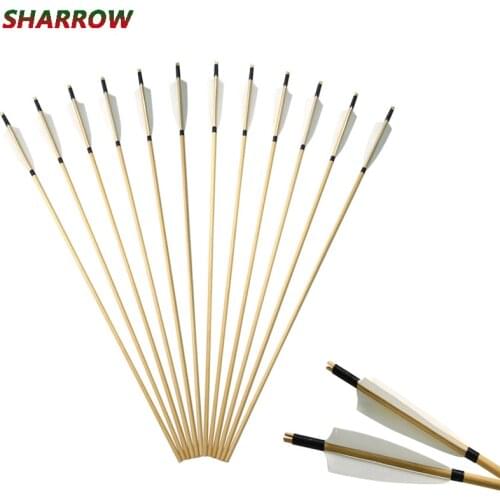 12pcs Archery Wooden Arrow Shaft Comes With 5-inch shield-shaped White Turkey Feather Hunting Accessories