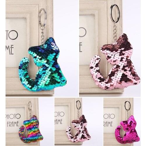 2021 New Key Chain Flash Cat Bling Sequined Key Ring Women Cartoon Cute Animal keychain House Ladies Keyholder
