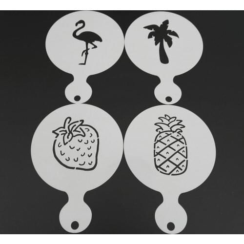 4pcs Plastic Coffee Stencil Strawberry Pineapple Coconut Tree Flamingo Cookie Latte Art Cappuccino Template Barista Tools