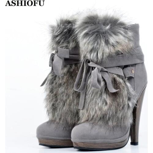 ASHIOFU Elegant Handmade Womens High Heel Boots Long-plush Lace-up Party Prom Ankle Boots Winter Evening Fashion Short Boots