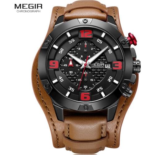 MEGIR Mens Casual Sports Quartz Watches Fashion Leather Strap Chronograph Wristwatch Man 3 Bar Waterproof Luminous 2099 Black