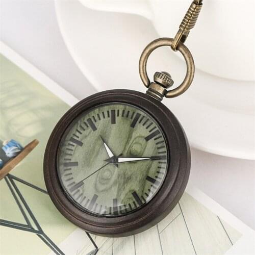 Ebony Wooden Pocket Watch Bronze Fob Natural Green Round Dial Antique Trendy Pendant Wooden Pocket Timepiece Retro Gifts Male