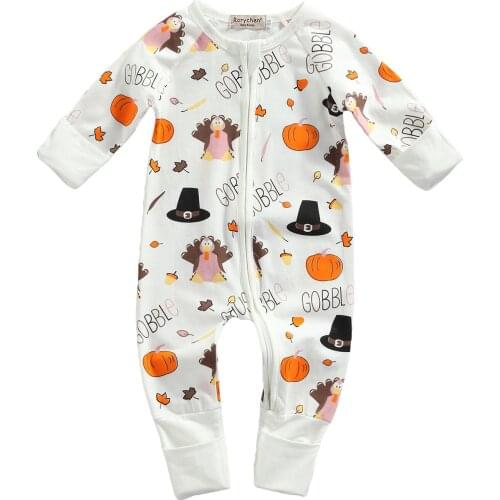 Pudcoco Baby Halloween Jumpsuit Pumpkin Letter Print Long Sleeve Round Neck Zipper Romper 0-24M