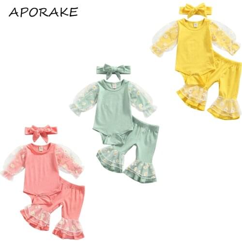2021 0-2Y Sweet Kids Baby Girl Clothing Set Daisy Tulle Long Sleeve Solid Color Romper+Flare Pants+Headband Spring Fall 3pcs Set