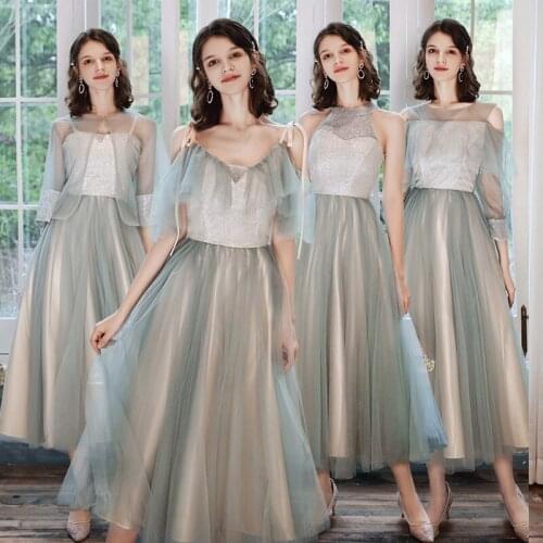 Bridesmaids Dresses Illusion V-Neck Short A-Line Spaghetti Straps Tulle Lace Floor-Length Green Women Wedding Party Gown E755