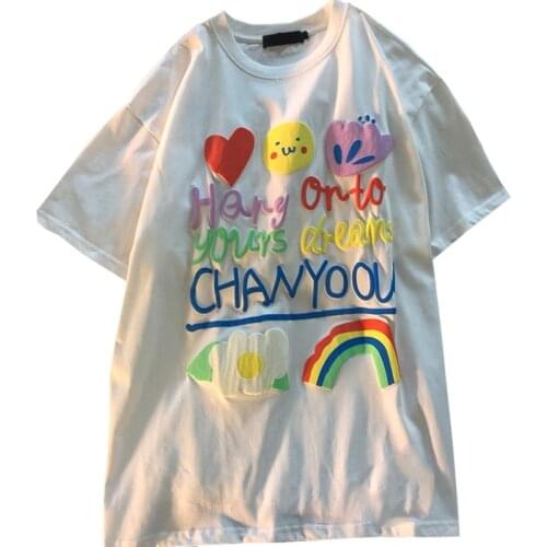 ZuoLunOuBa Summer Rainbow Graffiti Fashion Women T Shirt Love Heart Footprint Letter Print Loose White Tees Harajuku Tops Female