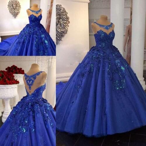 Royal Blue Ball Gown Prom Dresses 3D Floral Appliqued Lace Jewel Neck Evening Gowns Chapel Train Formal Pageant Party Dress