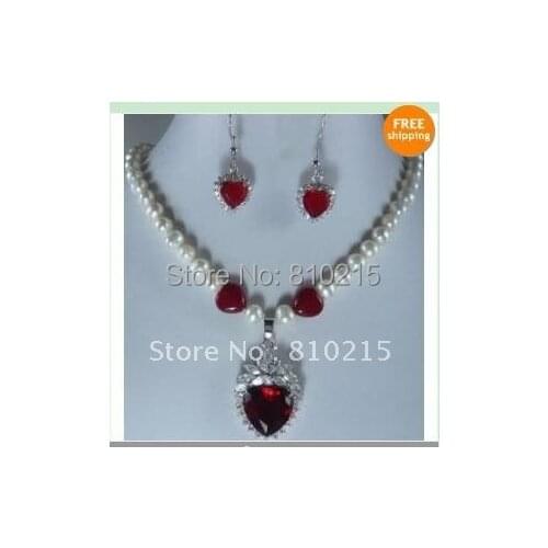 Beautiful!Single Pearl Jewelry Set White Color Cultured Pearl&Heart Ruby Necklace Earring Fashion Jewelry New Free Shipping NF6