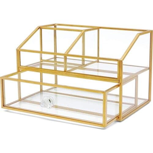 Multifunctional Glass Makeup Organizer for Bathroom Counter or Dresser,Jewelry Cosmetic Storage Holder Display Box