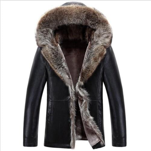 New arrival high qualtiy with hood male raccoon fur one piece leather male thick warm outerwear luxury mens plus size L-4XL