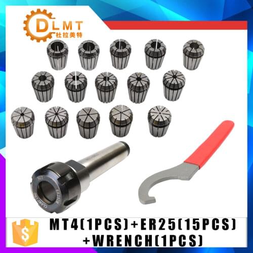15Pcs ER25 Precision Spring Collet Set+ 1PCS MT4 ER25 Chuck Morse Taper Holder+1Pcs er25 wrench For CNC Milling Lathe Tools