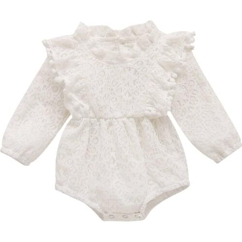 0-12M New Baby Girls Fashion Long Sleeve Lace Romper Stylish Solid Color Romper for Kids Infant Girls