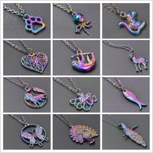 Animal Necklace For Women Men Accessories Rainbow Octopus Butterfly Charm Pendant Necklaces Peacock Choker Female Collar Jewelry