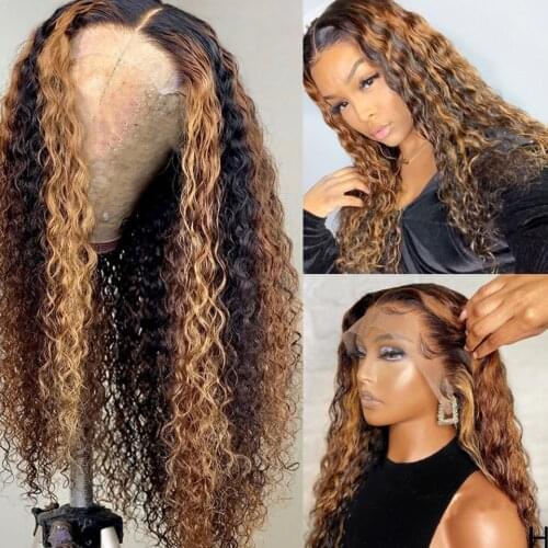 Highlight Curly Human Hair Wigs Ombre Honey Blonde 13*4 Lace Front Wig Brown Remy Hair 180% Density Deep Water Wave Closure Wigs