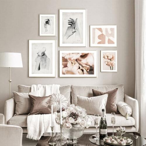 Black White Nordic Poster Abstract Woman Hands Canvas Print Modern Pink Flower Wall Art Painting Decorative Picture Home Decor