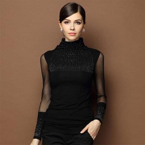 See Through Transparent Turtleneck Mesh Women Blause Sexy Long Sleeve Diamond Tshirt Shirt Sheer Tops Tee Plus Size