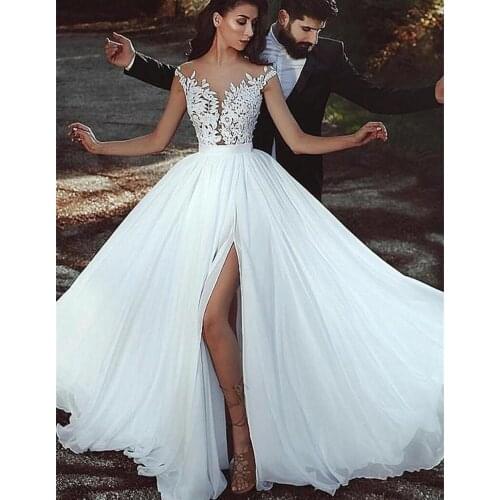 Real Photos Bohemian Wedding Dresses A Line Cap Sleeve Lace Chiffon Bridal Gowns