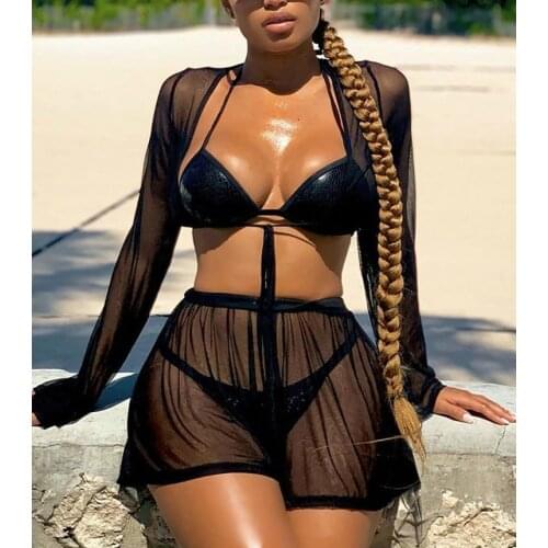 Sexy See Through Mesh Sheer Cover-ups Sets Women Swimwear Solid Color Transparent Long Sleeve Crop Tops+Shorts Beach Cover Ups