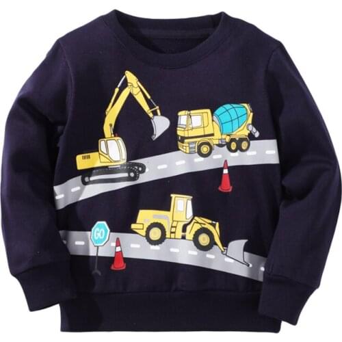 Jumping Meters Boys Long Sleeves Engineering Cars Excavator Pattern Sweatshirts Kids Clothes Autumn Round Neck Black Clothing