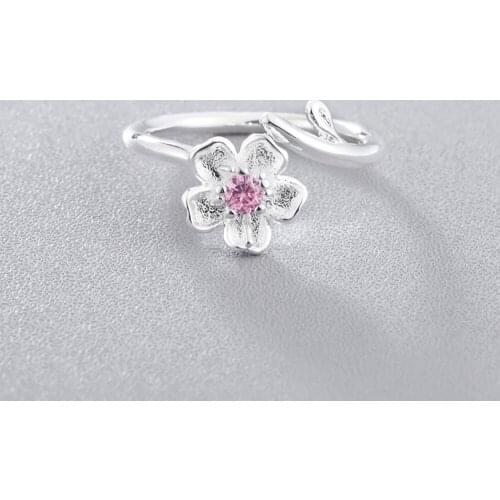 CHENGXUN Pink Sakura Flower Statement Adjustable Ring Crystal Plated Midi Finger Jewelry for Women Girls