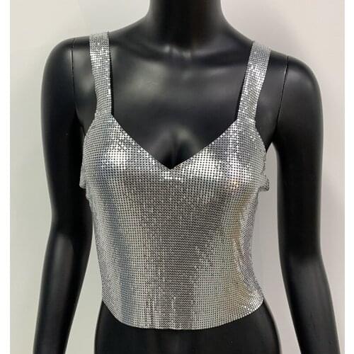 Hollow Out Glitter Metal Sequins Party Crop Top Nightclub Sexy Backless Sleeveless V Neck Shiny Spaghetti Strap Women Crop Tops