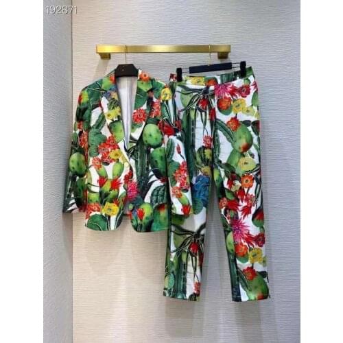 HIGH QUALITY New 2020 Designer Runway Suit Set Women Print V-Neck Single Button Blazer + Long Pant Winter Fashion Suit