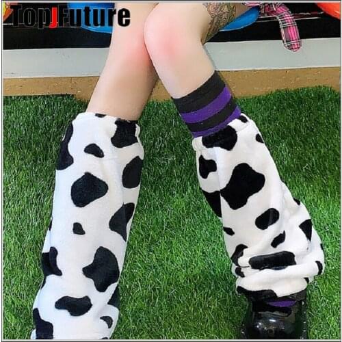 Japanese retro millennial J2K spicy girl Tuku cow pattern Plush winter pile socks leg warmer