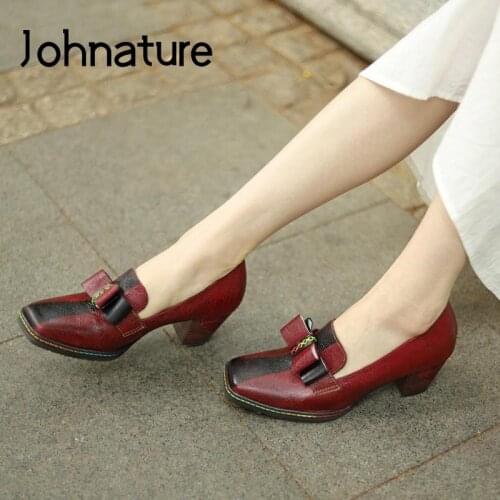 Johnature Pumps Women Shoes Genuine Leather Mixed Colors High Heels Spring/Autumn Retro Square Toe Butterfly-knot Ladies Shoes