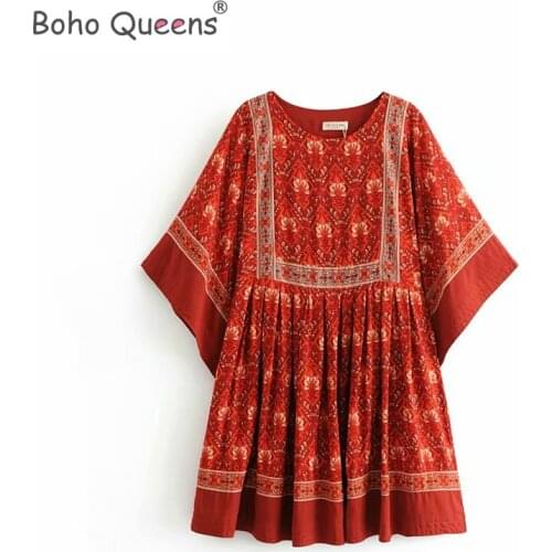 Boho Queens Women red floral print o-neck loose happie Bohemian mini dress ladies batwing sleeve Boho dresses vestidos