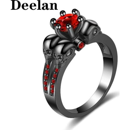 DEELAN Gothic Skull Style Ring Red Crystal Zircon Black gold Female Rings For Women Girls Skeleton Jewelry Gift Dropshipping