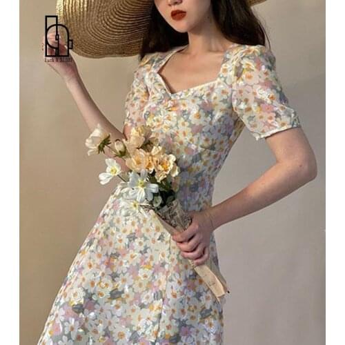 Luck A Floral French Dress Elegant Women 2021 Summer V-Neck Short Sleeve Fairy Dress Print Chic Retro Sweet One-piece Dress