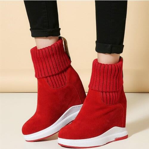 Winter Women Genuine Leather Wedges High Heel Motorcycle Boots Female High Top Knitting Round Toe Fashion Sneakers Casual Shoes