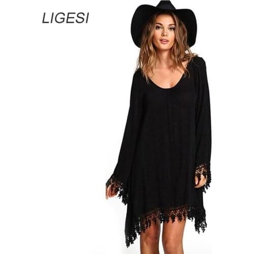 2019 Summer Women Boho Tassel Dress Short Vestido Sexy Lace Crochet Chiffon Tunic Hollow Black Beach Shirt Dress Blusa Hot Sale