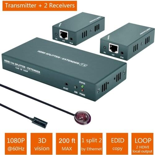 2020 Best 1x2 HDMI Splitter Extender 60m 1x4 HDMI UTP Extender Cat5e Cat6 1080P RJ45 HDMI Splitter extensor Transmitter Receiver