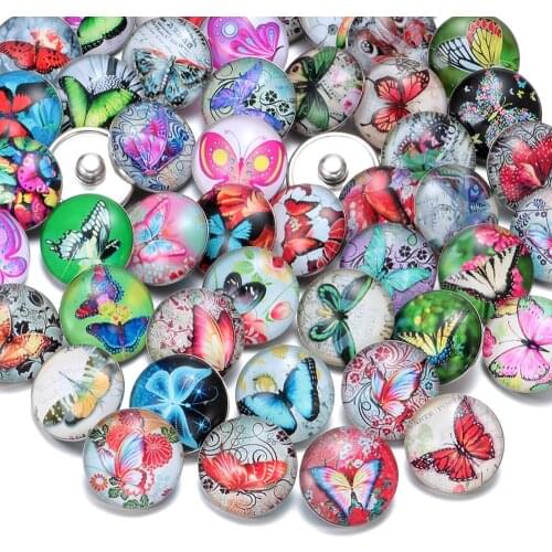 50pcs/lot New Arrivals Mixed Colors Beautiful Butterfly Glass Charms 18mm Snap Button Jewelry Fit DIY Bracelet Snaps Jewelry